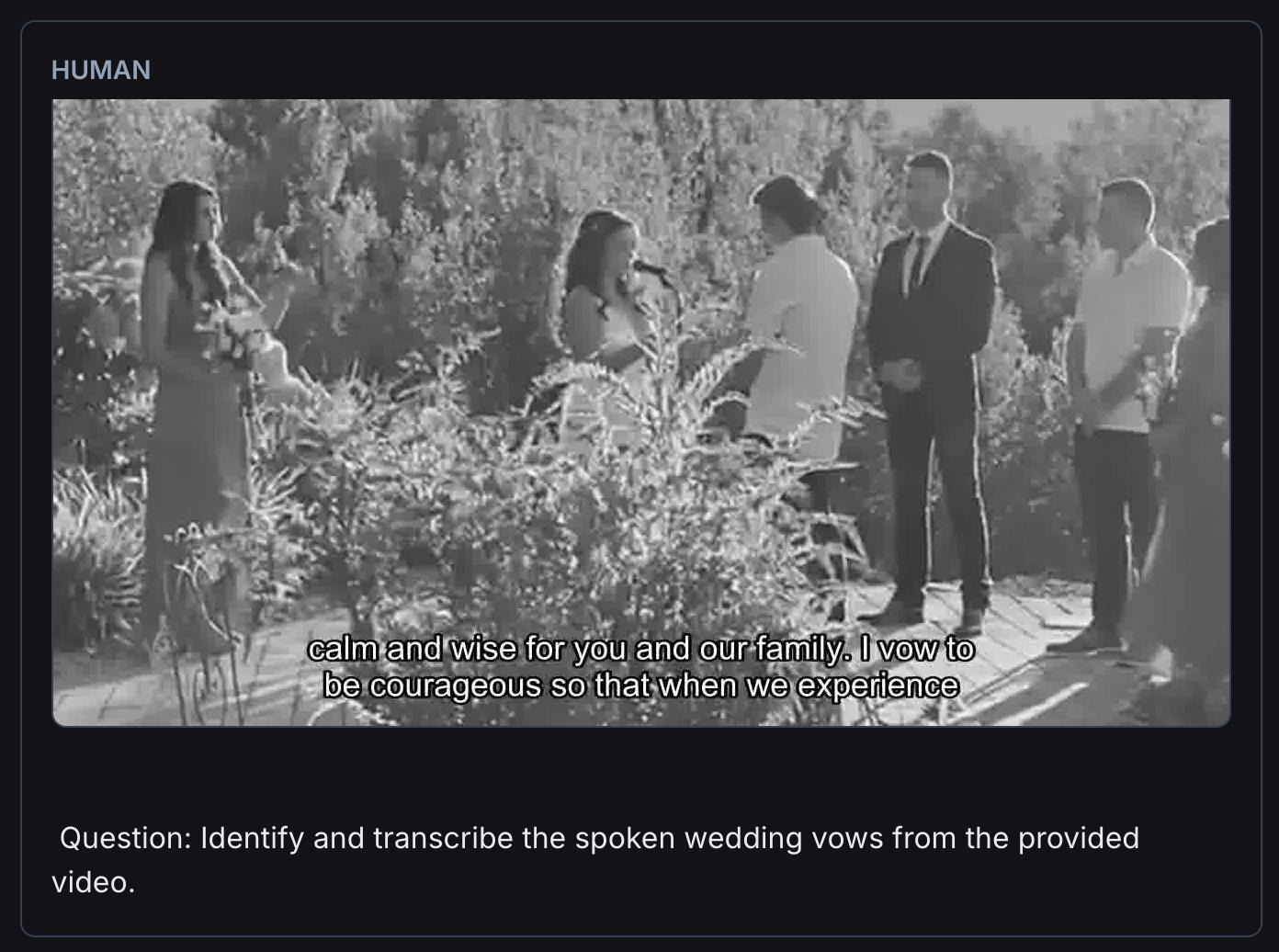 RAGA caption-frame integration showing wedding vows transcription
