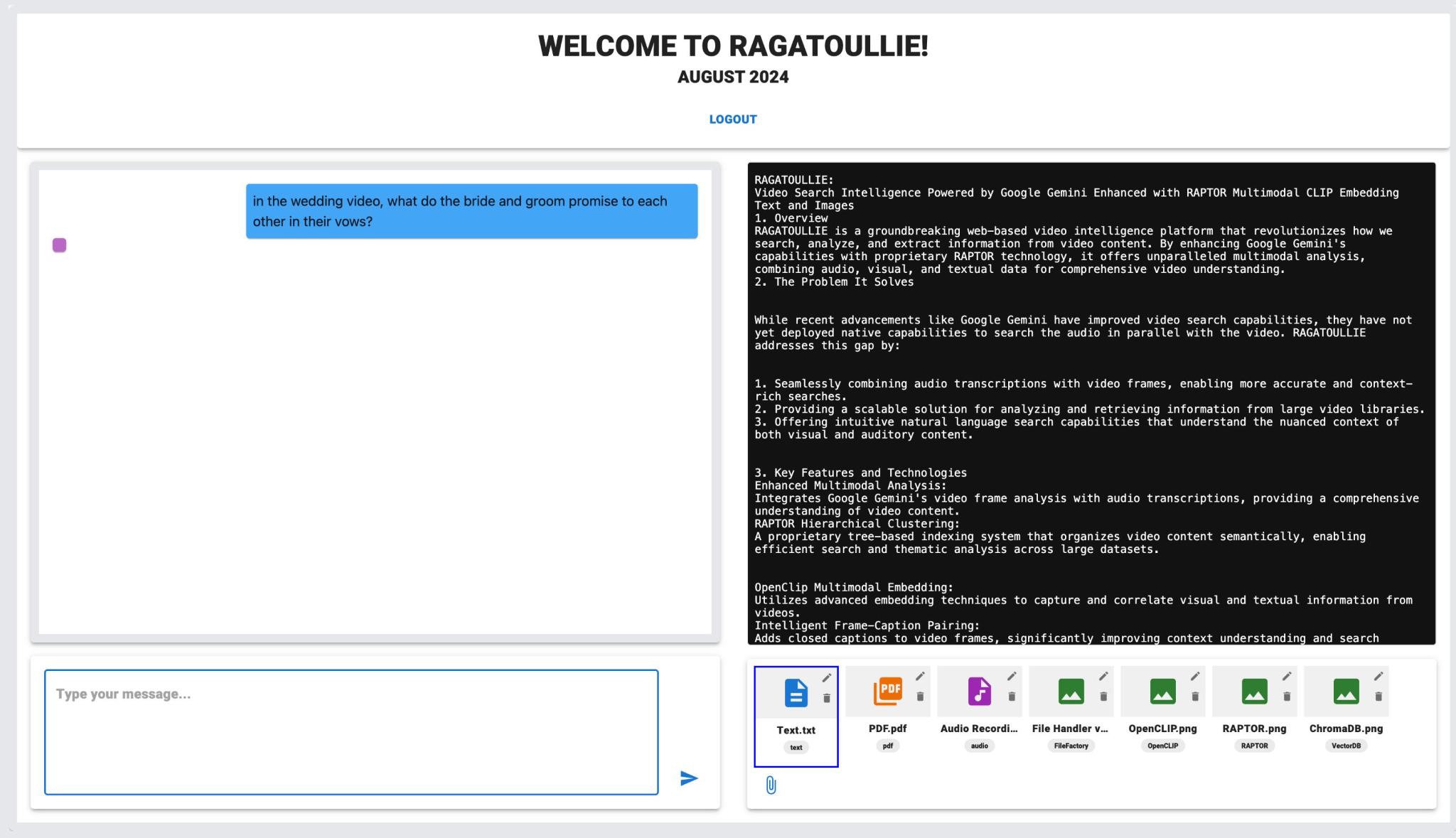 RAGA v2 user interface showing the chat and documentation panels